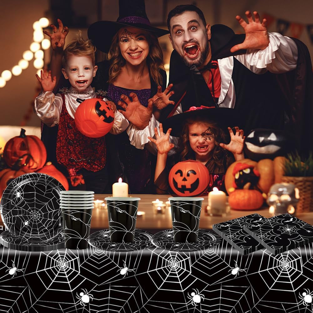 49-teiliges Halloween-Spinnen-Papierbesteckset mit Tellern, Servietten, Gläsern und Tischdecke. Schwarzes Geschirrset mit Desserttellern, Servietten und Gläsern.
