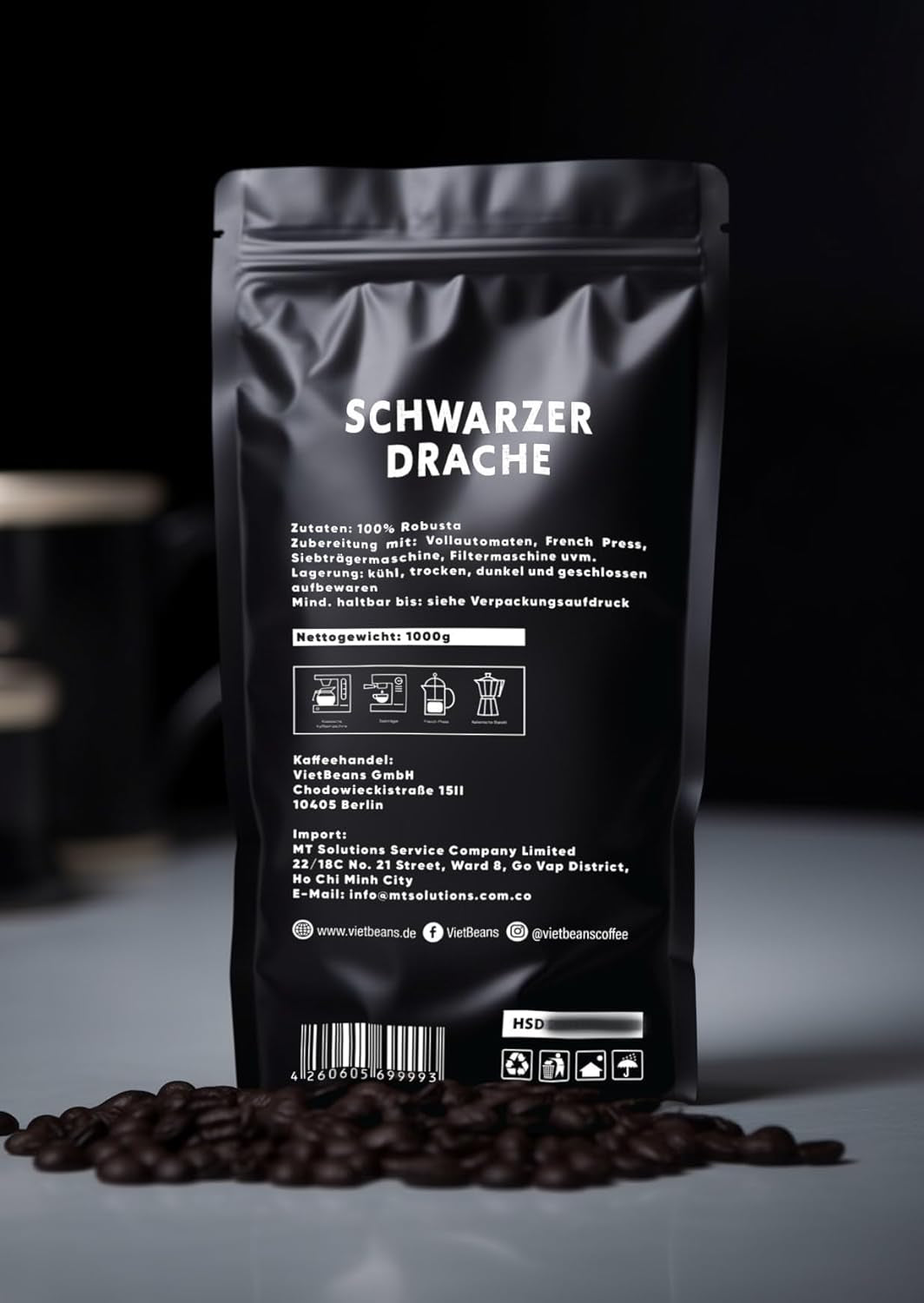 Black Dragon Espresso 100 % Robusta – Extra stark geröstete Kaffeebohnen – Sehr kräftiger und vollmundiger Kaffee mit hohem Koffeingehalt – Sehr starker Espresso