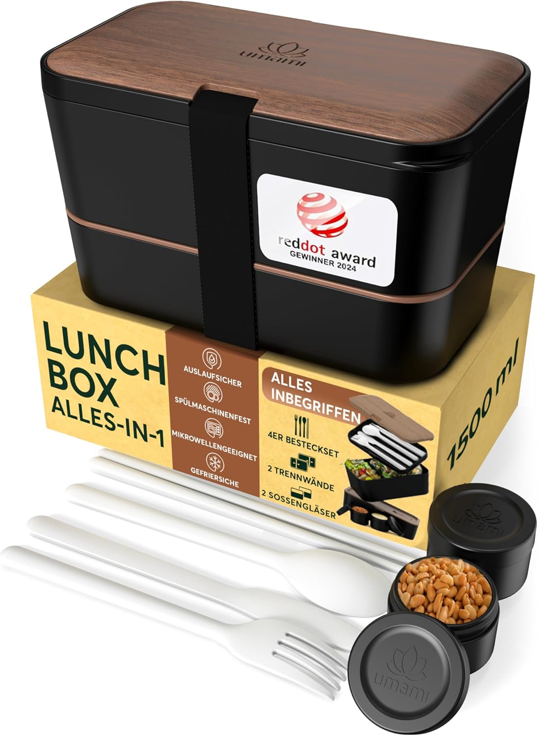 Umami Lunchbox für Erwachsene, 4 Besteckteile und Fächer, auslaufsichere, stapelbare Bento-Box, Lunchbox für Erwachsene, To-go-Salatbehälter, Picknick-/Büro-Lunchbox, Anthrazitgrau, 1500 ml. Naty Shop Lebensmittelaufbewahrungsboxen aus schwarzem Walnussholz L – 1500 ml, ineinander stapelbar