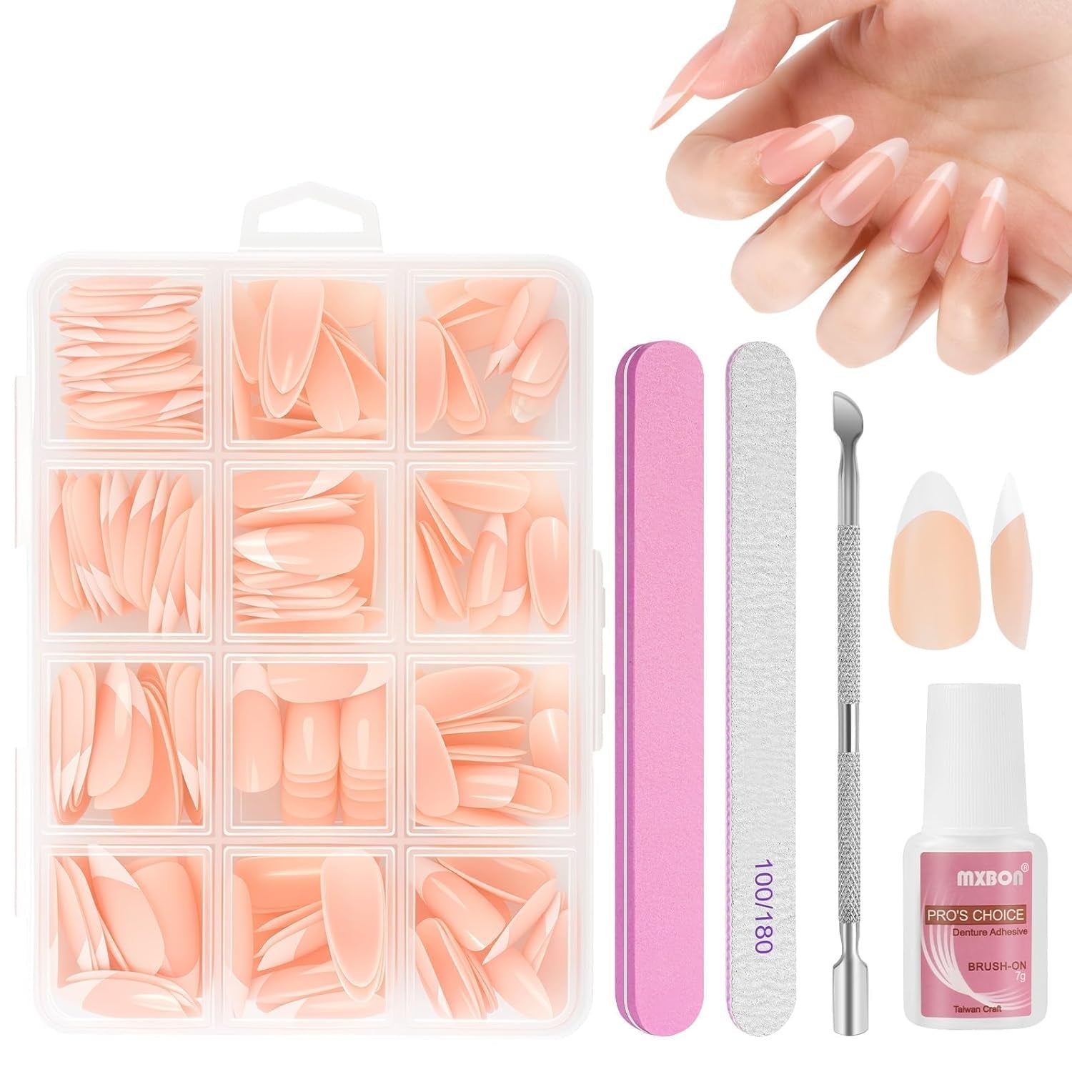 240-teiliges Set mit künstlichen Nagelspitzen, French Press On False Nails, Press On French Nails, 12 Größen, Fake Nails mit Kleber für Damen und Herren (Nude White Medium Almond)