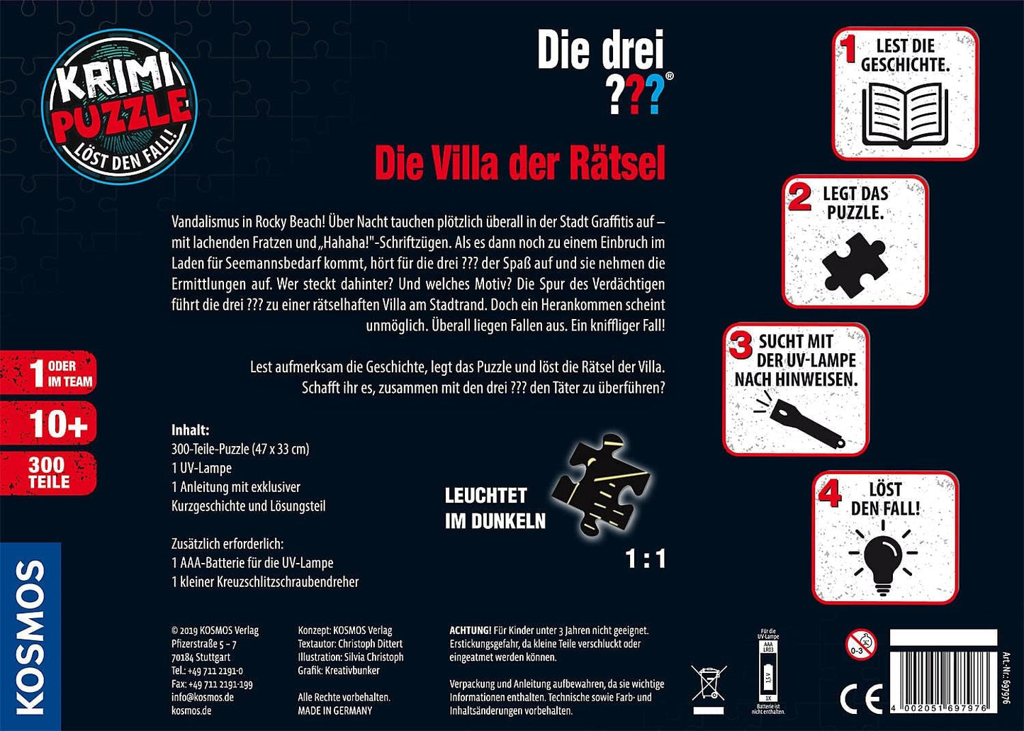 Die Drei??? - Krimi-Puzzle – Die Villa der Puzzles von KOSMOS 697976, 300 Teile, leuchtet im Dunkeln, mit UV-Lampe, Lesen, Puzzle, Rätsel lösen, Detektivpuzzle Ab 10 Jahren Puzzle Naty Shop