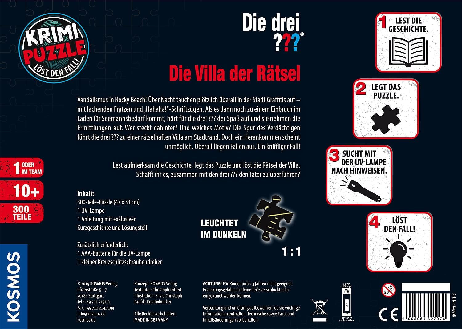 Die Drei??? - Krimi-Puzzle – Die Villa der Puzzles von KOSMOS 697976, 300 Teile, leuchtet im Dunkeln, mit UV-Lampe, Lesen, Puzzle, Rätsel lösen, Detektivpuzzle Ab 10 Jahren Puzzle Naty Shop