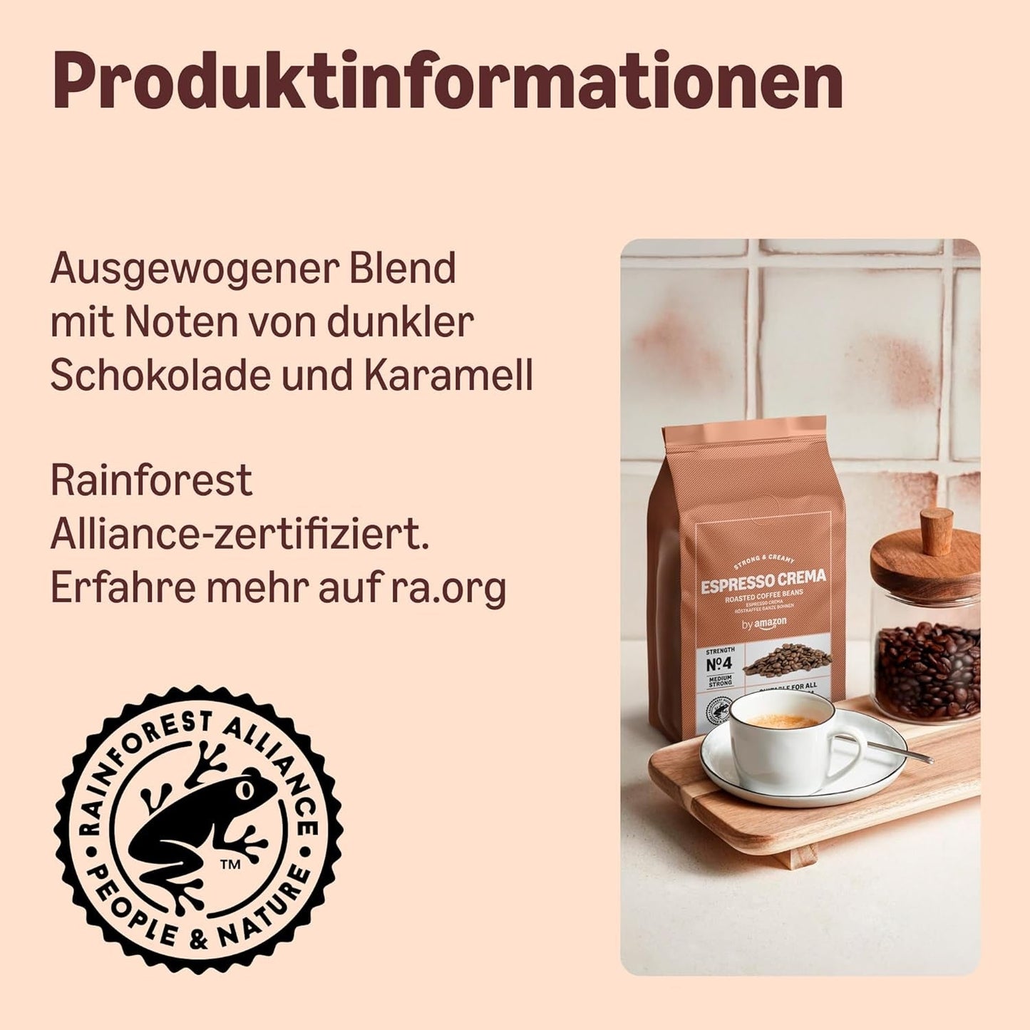 von Amazon Espresso Crema Röstkaffee Ganze Bohnen, 1 kg (2 Packungen à 500 g), Rainforest Alliance-Zertifizierung