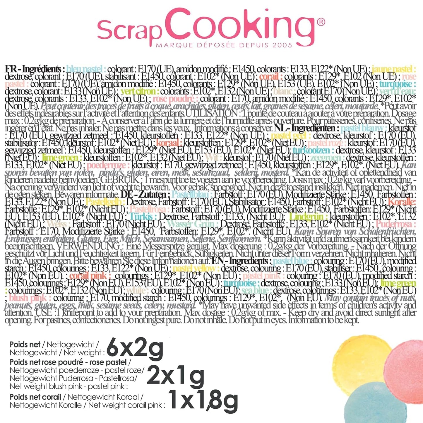 Scrapcooking – Set mit 9 pastellfarbenen Lebensmittelfarben – Blau, Gelb, Koralle, Rosa, Türkis, Limettengrün, Weiß, Aquagrün, Puderrosa – Essbares Farbpulver für Kuchen, Muffins, Macarons – 4272