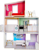 Rainbow High Townhouse – 3-stöckiges hölzernes Puppenhaus mit 5 farbenfrohen Zimmern und Terrasse – Komplett möbliertes Haus mit Aufzug und funktionalem Zubehör – Spielzeug für Puppenhäuser ab 4–12 Jahren. Naty Shop 2023 Rainbow High Townhouse