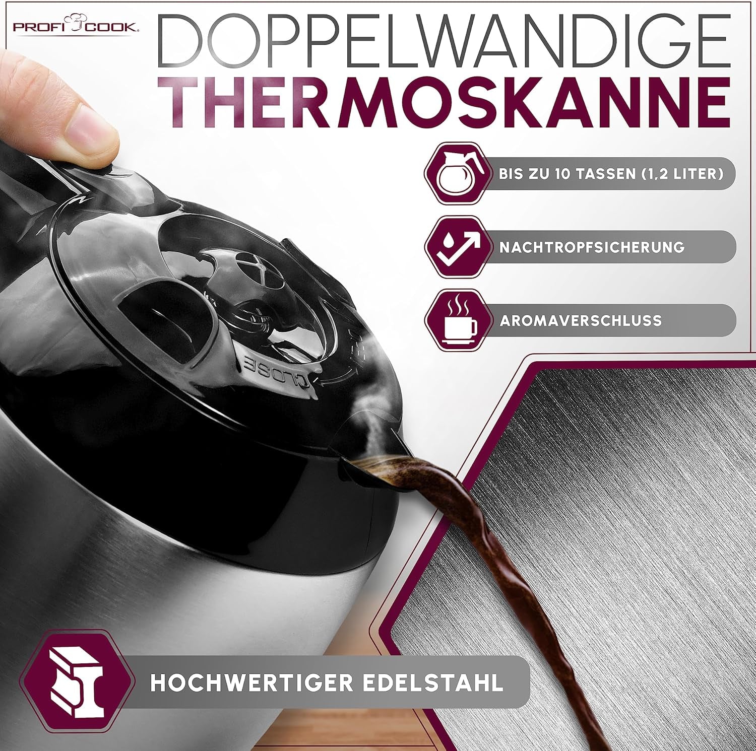 Kaffeemaschine Profi Cook | 8-10 Tassen | Timer | Sensor-Touch-Steuerung | 1,2 Liter doppelwandige Thermoskaraffe | Geschmackssiegel | Filterkaffeemaschine aus Edelstahl | PC-KA 1191
