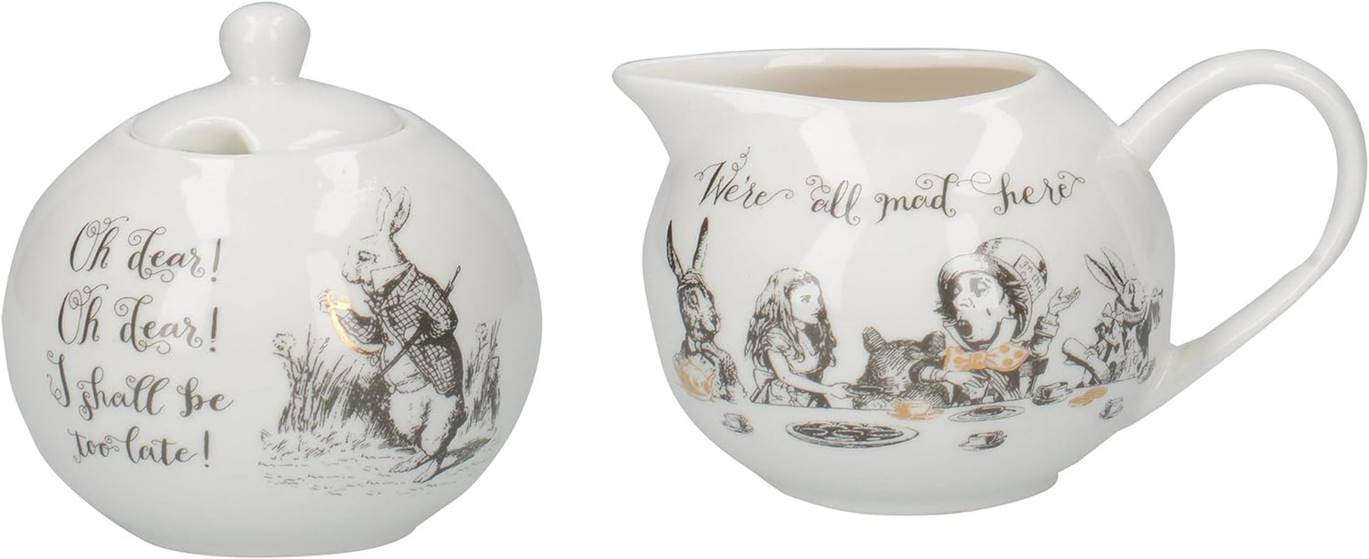 Alice im Wunderland Teekanne und Milchkännchen aus feinem Porzellan, Porzellanschale und Milchkännchen in einer luxuriösen Geschenkbox