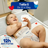 - Windeln der Größe 5 (12–25 kg) – gesund und sehr saugfähig – 12 Stunden Auslaufschutz – keine unerwünschten Substanzen – hergestellt in Frankreich – erschwinglicher Preis – 120 Wegwerfwindeln