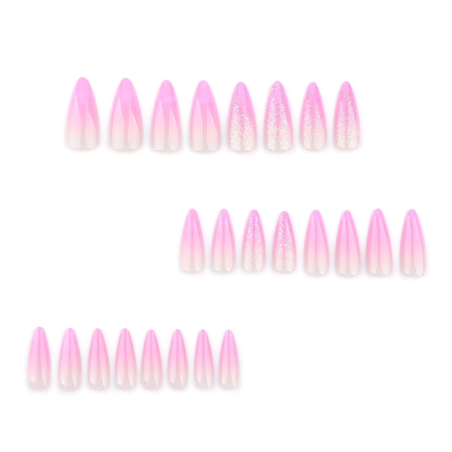Moonglow Lange Nägel Stiletto Milchweiß Rosa Farbverlauf Glitzer Coole künstliche Nägel mit Kleber Rosa Ombre Glitzer Künstliche Nägel