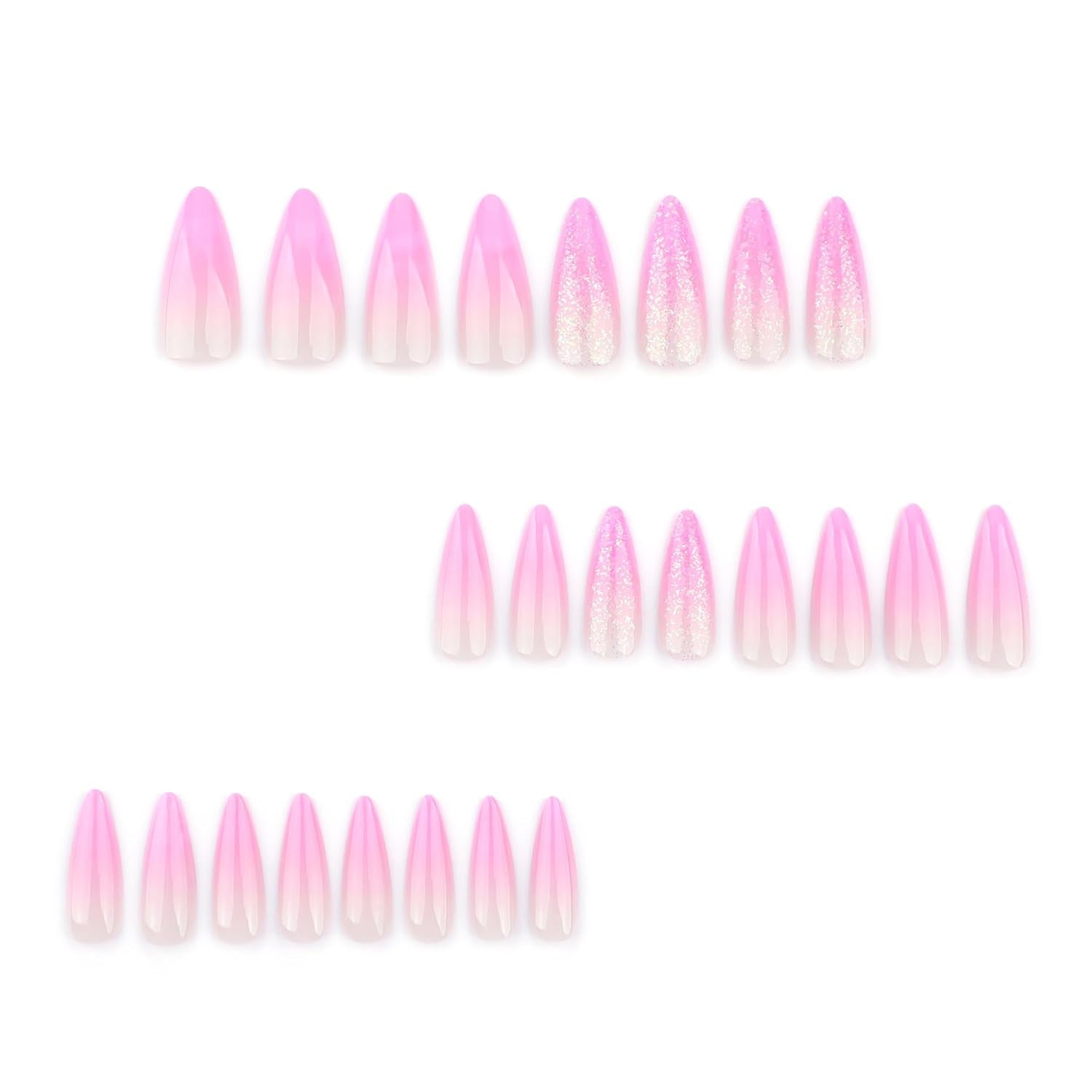 Moonglow Lange Nägel Stiletto Milchweiß Rosa Farbverlauf Glitzer Coole künstliche Nägel mit Kleber Rosa Ombre Glitzer Künstliche Nägel