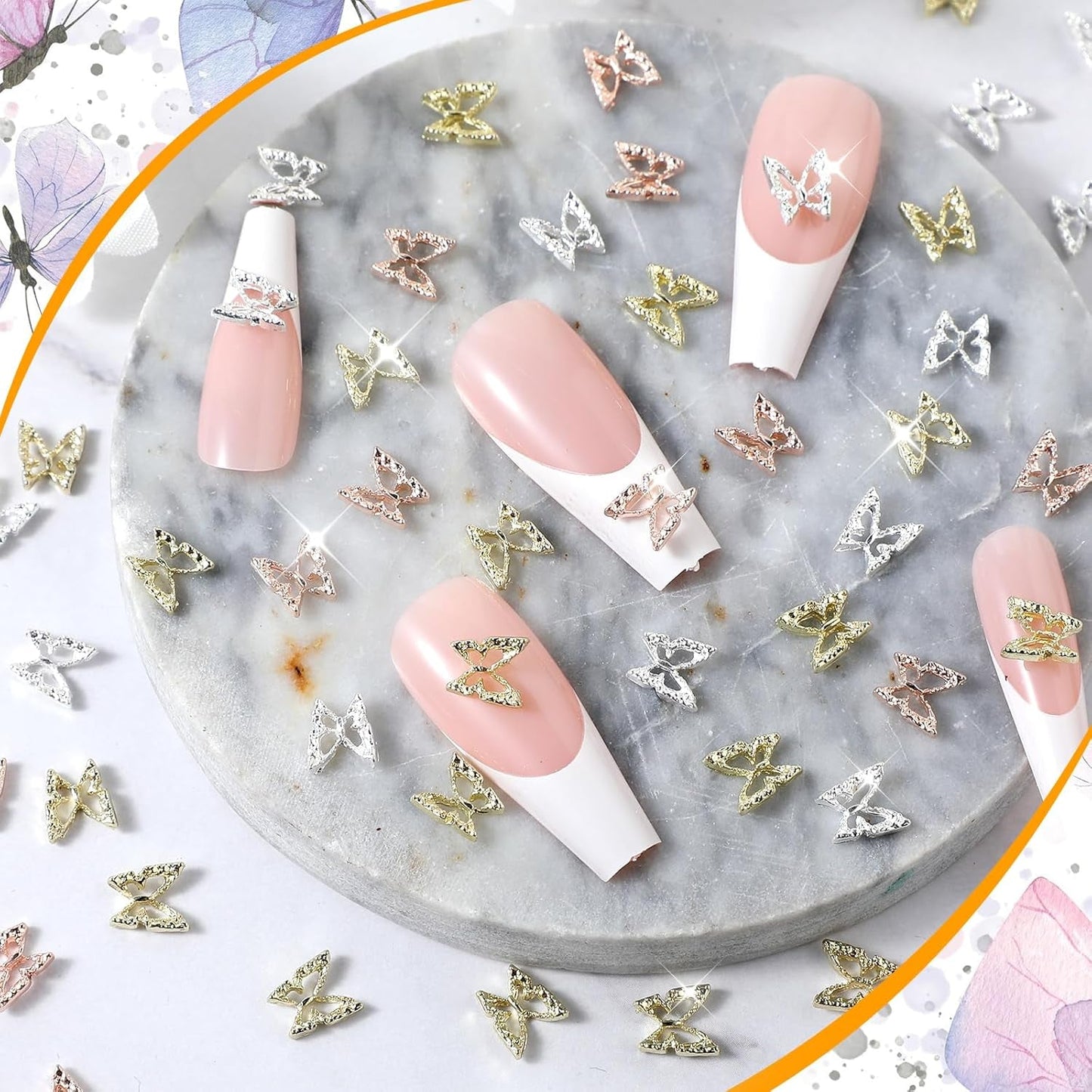 80 Stück 3D-Schmetterlings-Nagelanhänger, Legierung, Schmetterling, Gold, Silber, Glitzer, Nagelkunst-Dekorationen, Nagelschmuck, Zubehör, DIY, Maniküre für Frauen