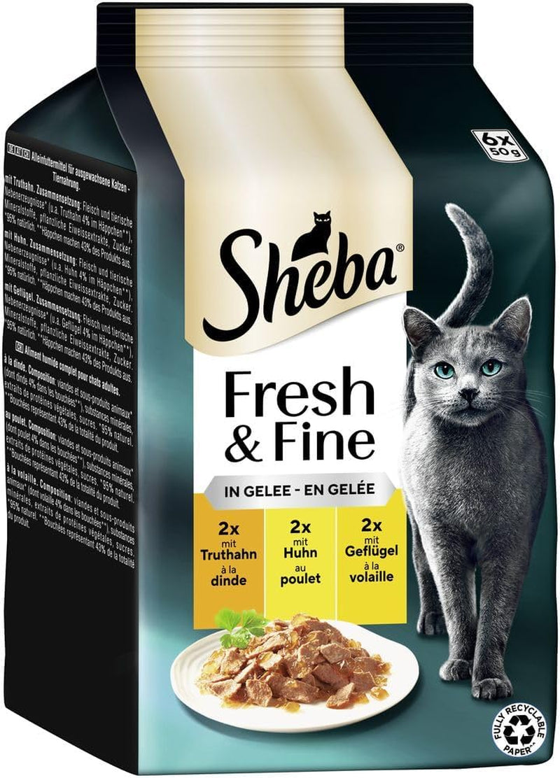 Sheba Portionsbeutel Nassfutter für Katzen, frisches und feines Truthahn- und Hühnergelee, Multipack, 6 x 6 x 50 g – hochwertiges Katzenfutter mit Truthahn und Hühnergelee