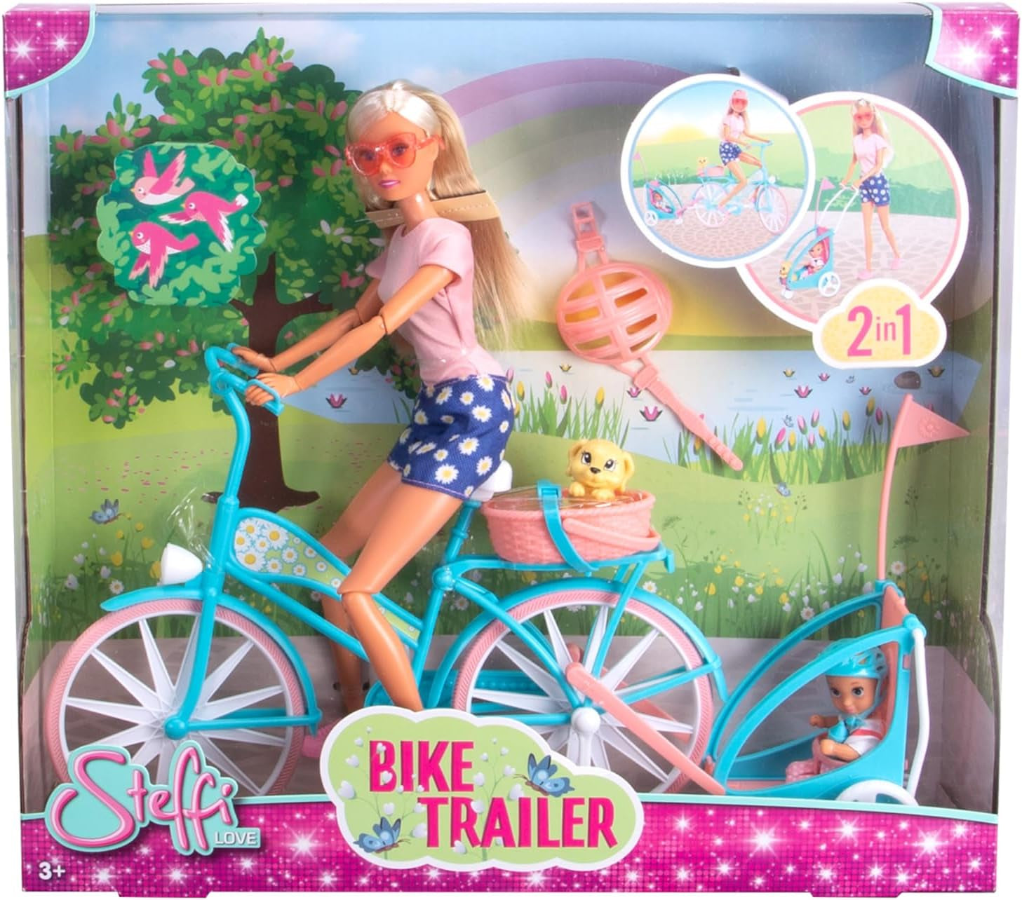 Steffi Love Fahrradanhänger, Puppe auf Fahrrad mit Anhänger für Baby, Hund und Kopfhörer, ab 3 Jahren