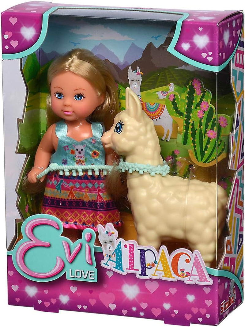 Simba 105733497 – Liebespuppe Evi im süßen Alpaka-Outfit und Leine, 12 cm, für Kinder ab 3 Jahren