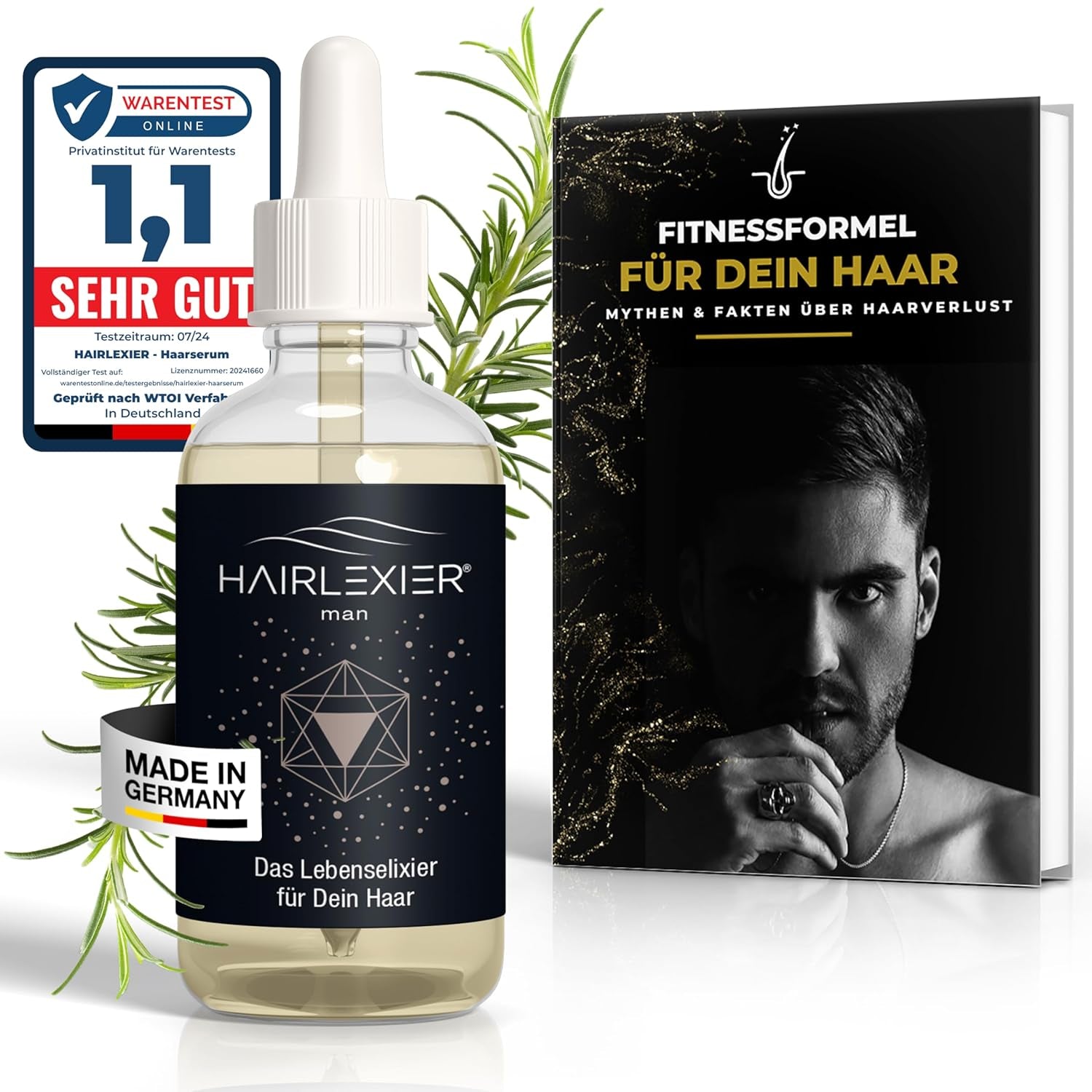 Hairlexier Haarwuchsmittel für Frauen – Rosmarin-Haaröl, Rizinusöl-Haaröl, Lavendelöl, natürliches Haarserum gegen diffusen Haarausfall, unterstützt das Haarwachstum, vegan & biologisch + Arbeitsbuch Haarpflege Naty Shop Men