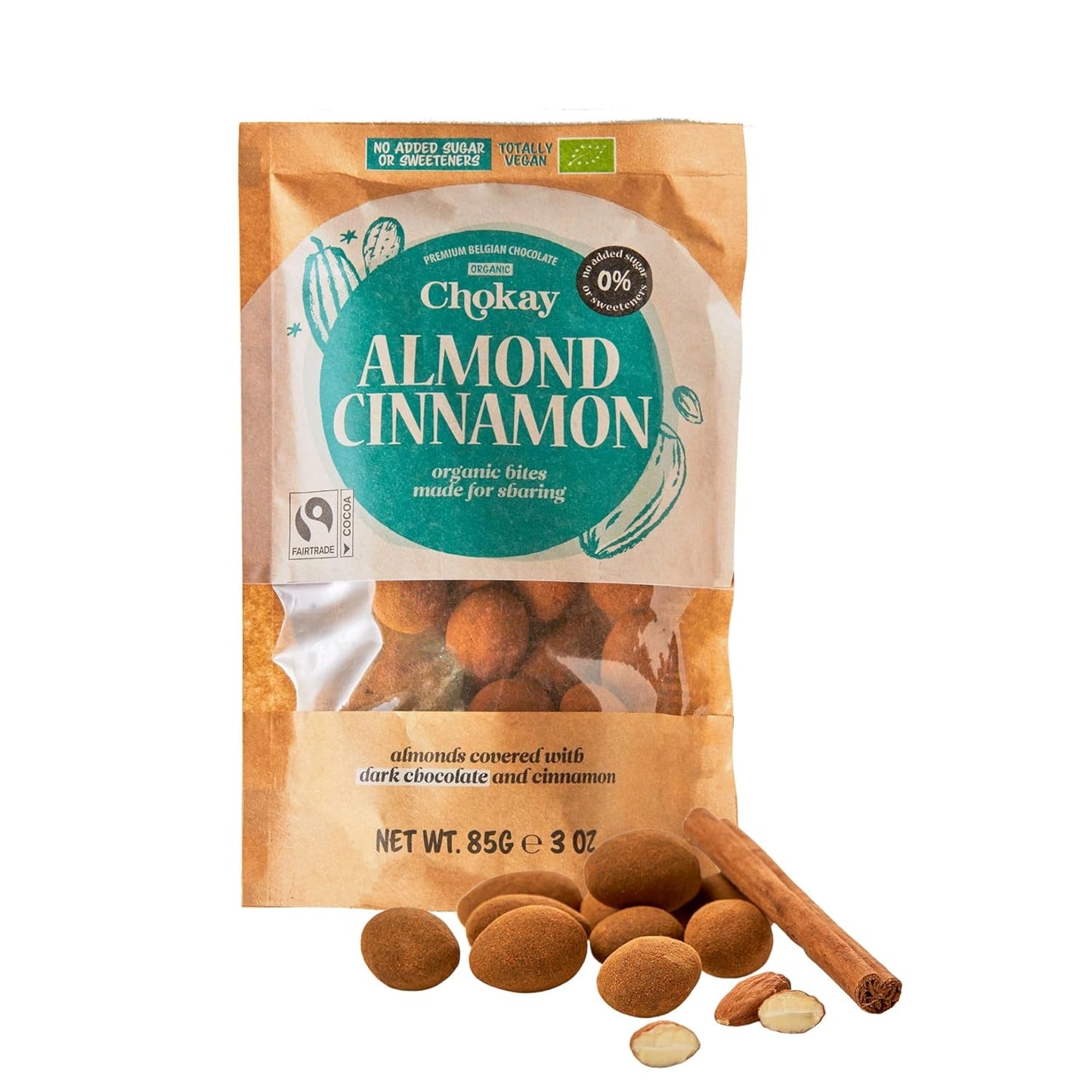 Set mit 4 Bio-Häppchen – Zimtmandeln/Zimtmandeln in belgischer Zartbitterschokolade/Ohne Zuckerzusatz, ohne Süßstoffe/VEGAN & FAIR TRADE / 4 x 85g