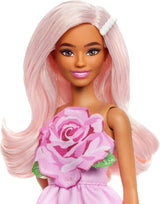 Barbie Fashionistas Puppe Nr. 238 mit pastellrosa Haaren, trägerlosem Kleid mit rosa Mieder, Perlenhaarspange und High Heels und Haarspangen, HYT94