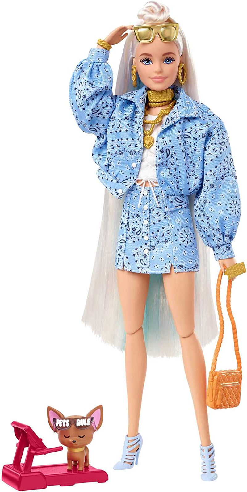 Barbie HDJ46 – Extra-Puppe im Kleid mit Basketball-Trikot und Zubehör, Corgi-Haustier, extra langes lockiges Haar mit rosa Streifen und flexiblen Gelenken, Geschenkspielzeug für Kinder ab 3 Jahren, Naty Shop Dolls 0