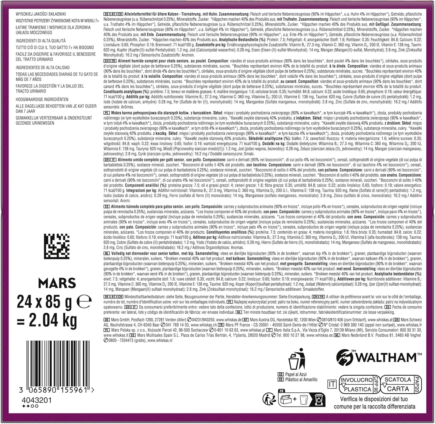 Whiskas 7+ Nassfutter für Katzen, Auswahl an Geflügel in Sauce, 24 x 85 g (2 Packungen) – hochwertiges Nassfutter ab 7 Jahren in 48 Portionsbeuteln