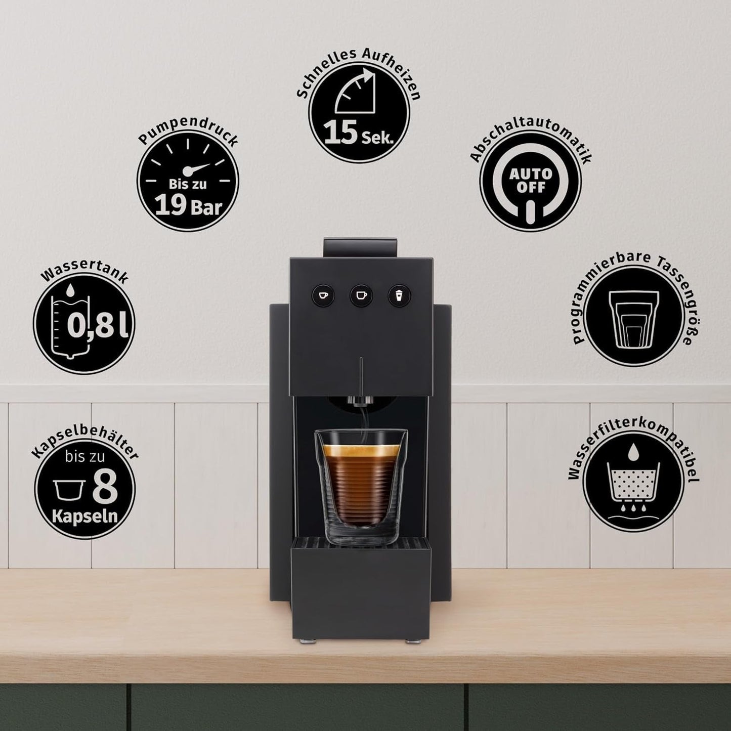 Espressomaschine mit K-FEE SQUARE Kapseln für Kaffee, Tee und Kakao | Kompakter Espresso | Schnelles Aufheizen | 0,8 l Wassertank | 19 Takte | Klavierschwarz