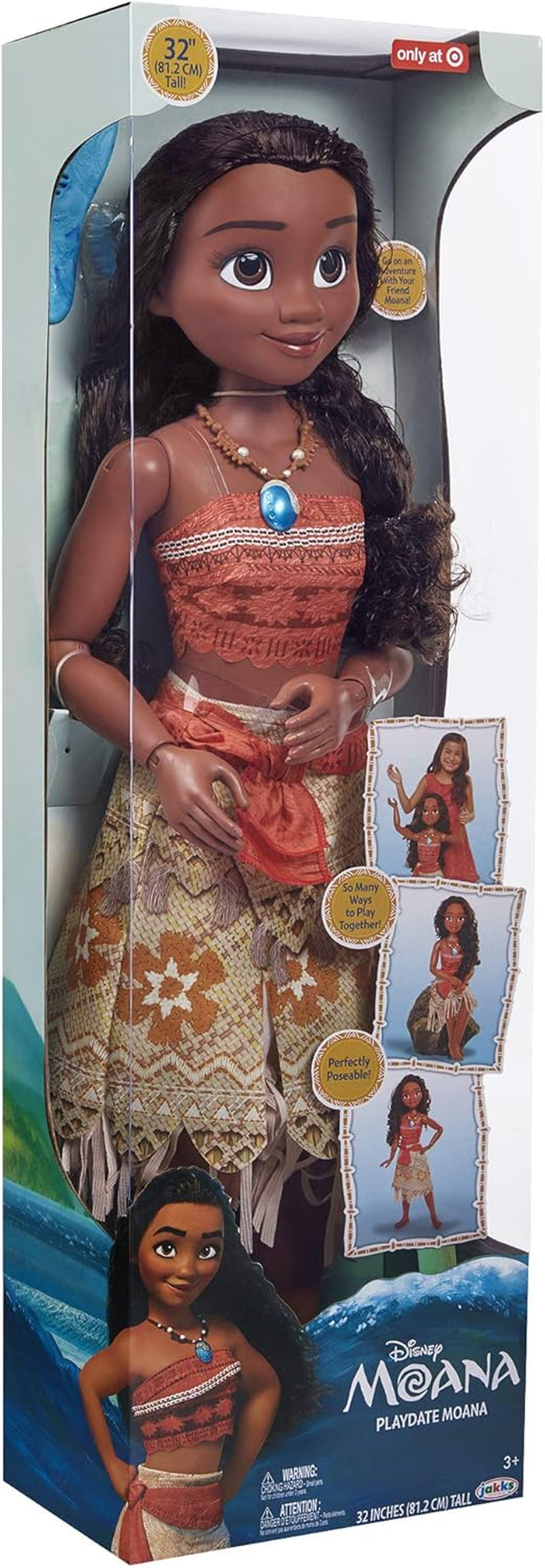 Disney Princess Vaiana, 80 cm große Spielpuppe von Jakks Pacific, bewegliche Puppe, mit Bürste zum Kämmen ihrer welligen Locken, vom Film inspiriertes Kleid, abnehmbare Halskette mit Anhängern