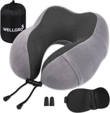 WELLGRO Nackenkissen-Set mit 3D-Schlafmaske und Ohrstöpseln – abnehmbarer Bezug – Memory-Schaum – Reißverschluss – inklusive Aufbewahrungstasche – Reisekissen – Farbe wählbar, Farbe: Grau. Naty Shop graue orthopädische Nackenkissen