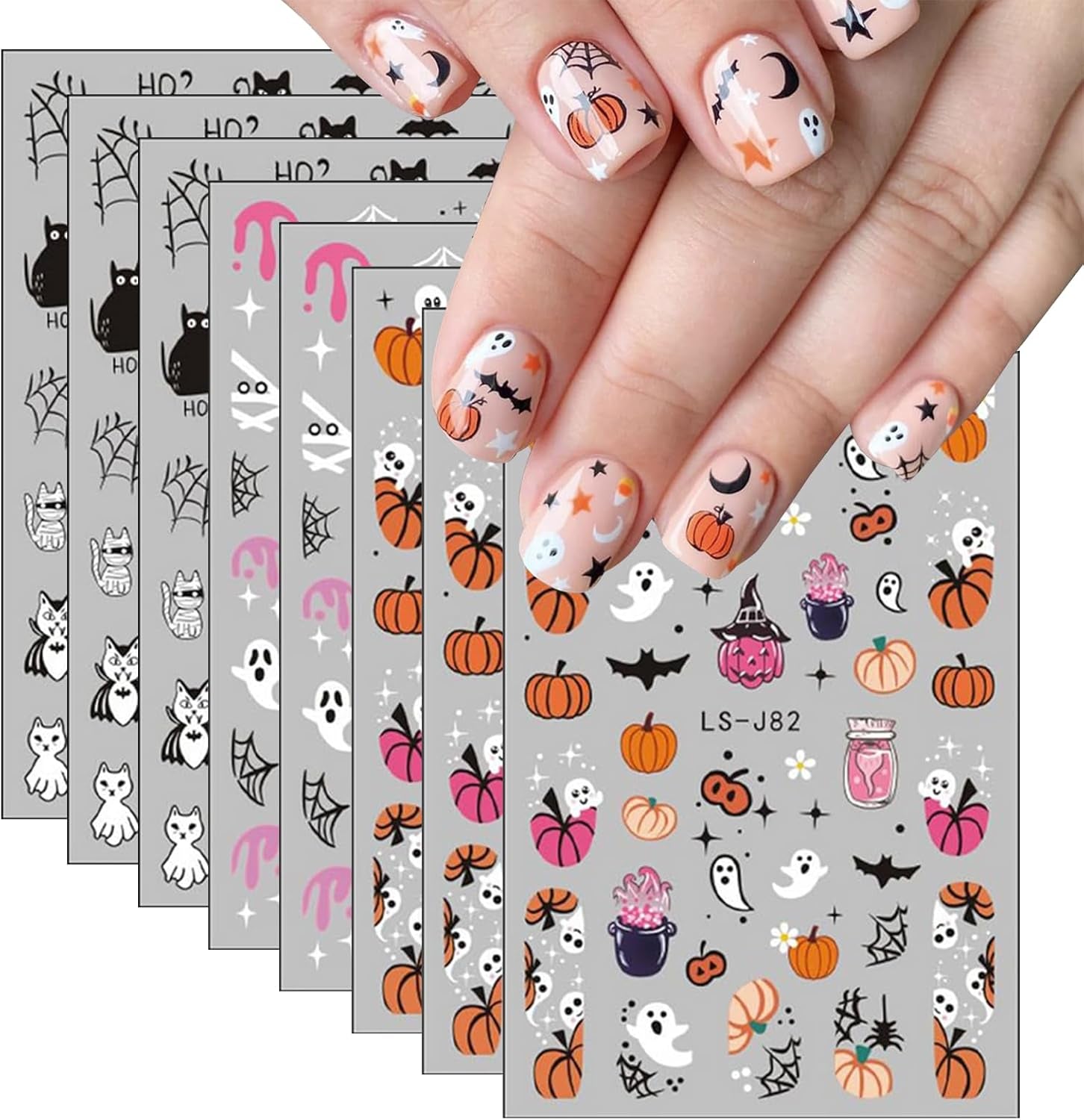 Nagelsticker Halloween, 8 Blätter Halloween Nagelsticker, Kürbis Nail Sticker, Nail Art, Nagel Charms, Nagel Zubehör, Nageldesign, Weihnachten (Typ A)
