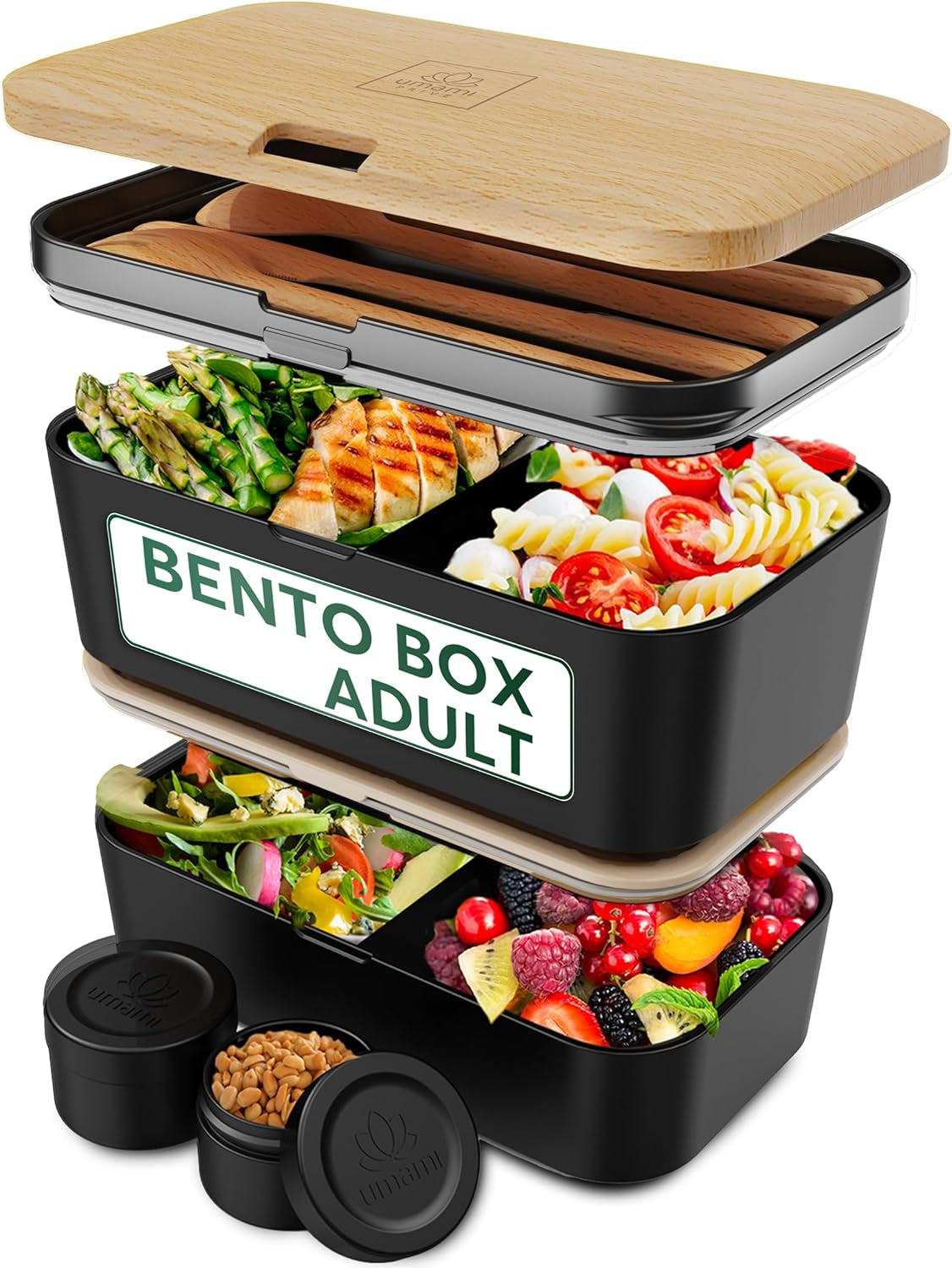 Umami Lunchbox für Erwachsene, 4 Besteckteile und Fächer, auslaufsichere stapelbare Bento-Box, Lunchbox für Erwachsene, To-go-Salatbehälter, Picknick-/Büro-Lunchbox, Anthrazit, 1500 ml. Naty Shop Aufbewahrungsboxen für Lebensmittel aus schwarzer Buche – 1500 ml L – 1500 ml ineinander stapelbar