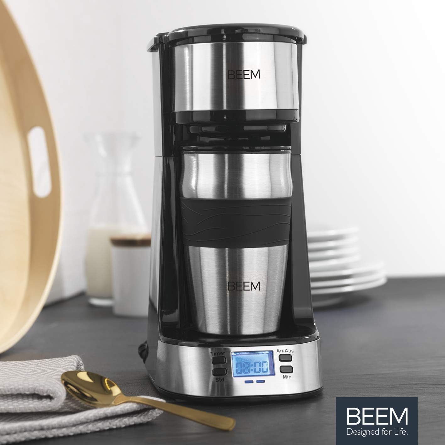 BEEM THERMO 2 GO Einzelfilter-Espressomaschine mit 0,4 l Thermobecher | Permanentfilter | Mit 24-Stunden-Timer für eine heiße Tasse Kaffee am Morgen, kein Warten | 750 W