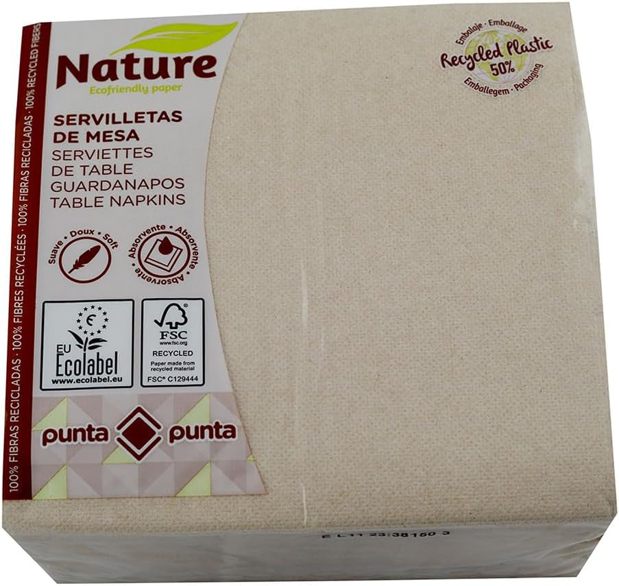 Recyclingpapierservietten, 2-lagig, umweltfreundlich, 100 % recycelte Fasern, 50 % recycelte Kunststoffverpackung, 33 x 33 cm.