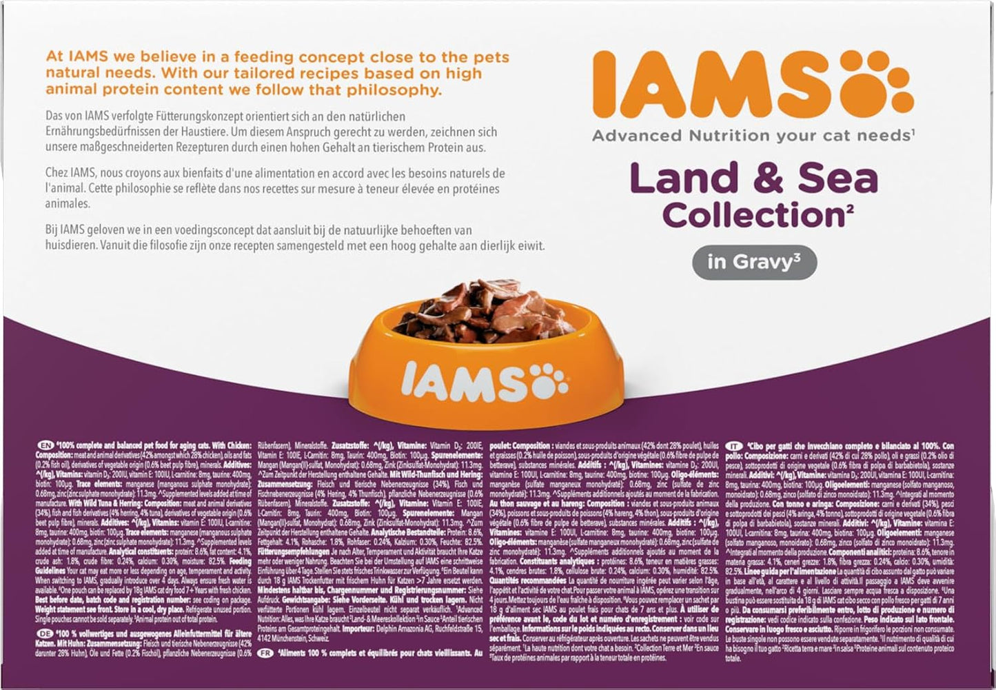 IAMS Delights Nassfutter für ältere Katzen – Multipack mit Huhn und Fisch in Soße, hochwertiges Nassfutter für Katzen ab 7 Jahren, 12 x 85g