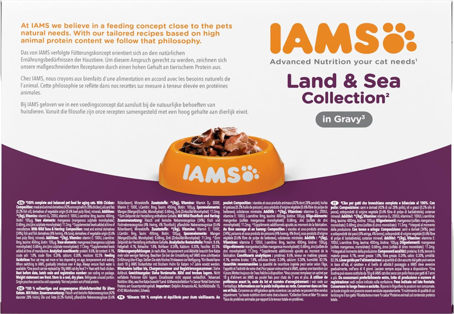 IAMS Delights Nassfutter für ältere Katzen – Multipack mit Huhn und Fisch in Soße, hochwertiges Nassfutter für Katzen ab 7 Jahren, 12 x 85g