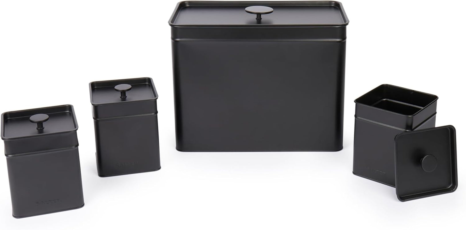Salter BW12614EU7 Kuro-Aufbewahrungsbox-Set – 4 Küchenbehälter, Brot/Tee/Kaffee/Zucker, quadratische Organizer-Boxen, leicht zu reinigen, hält Lebensmittel frisch, schwarze Lebensmittel-Aufbewahrungsboxen, Naty Shop
