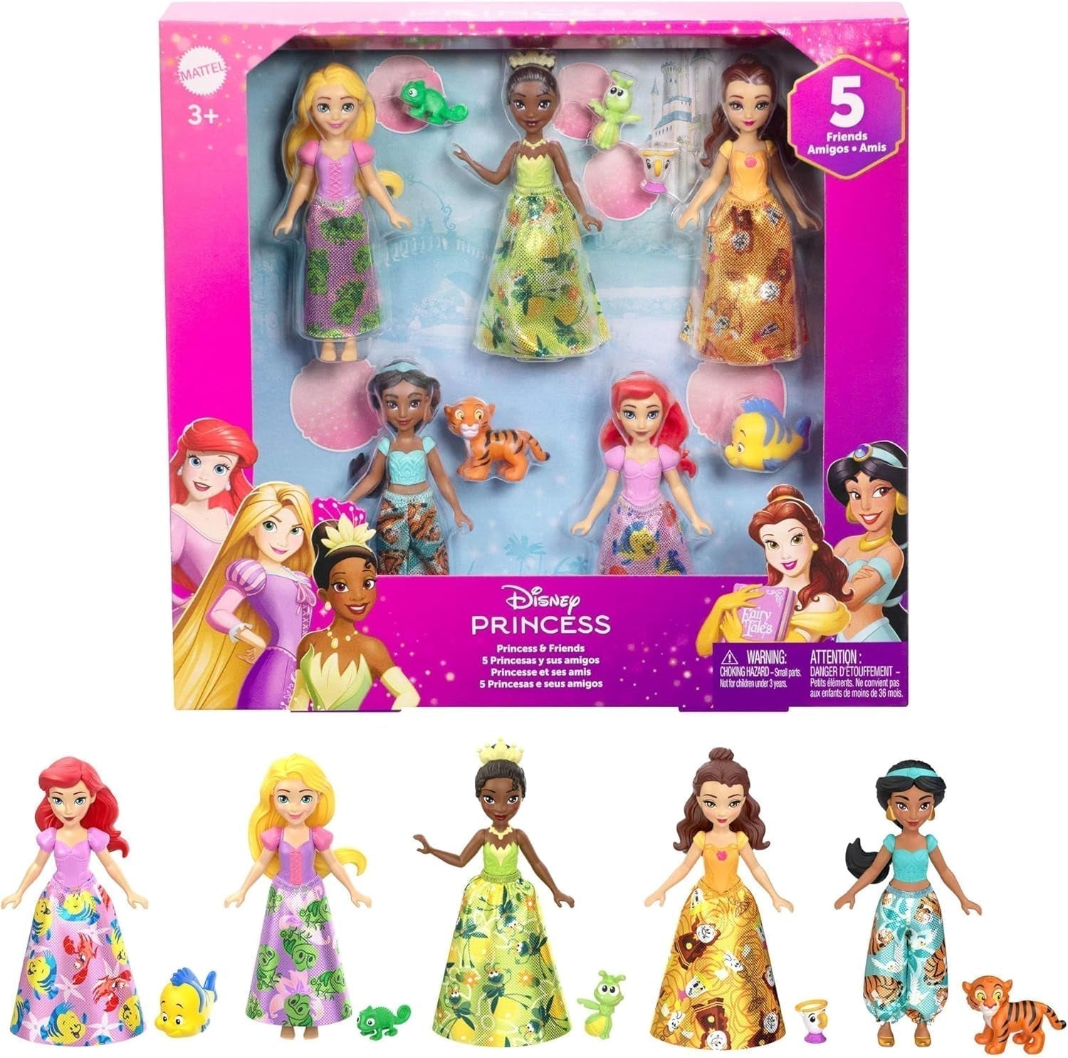 Mattel Disney Princess Verwandlungsspielset Kutsche zum Schloss mit kleiner Aurora-Puppe, 3 Ebenen, 6 Spielbereiche, 4 Figuren, Möbel und Zubehör HWX17 Puppen Naty Shop Friends Set