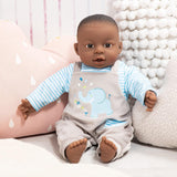Bayer Design 94001AH Interaktive Babypuppe, Junge, sprechend, weicher Körper, 40 cm, dunkles Leder, blau
