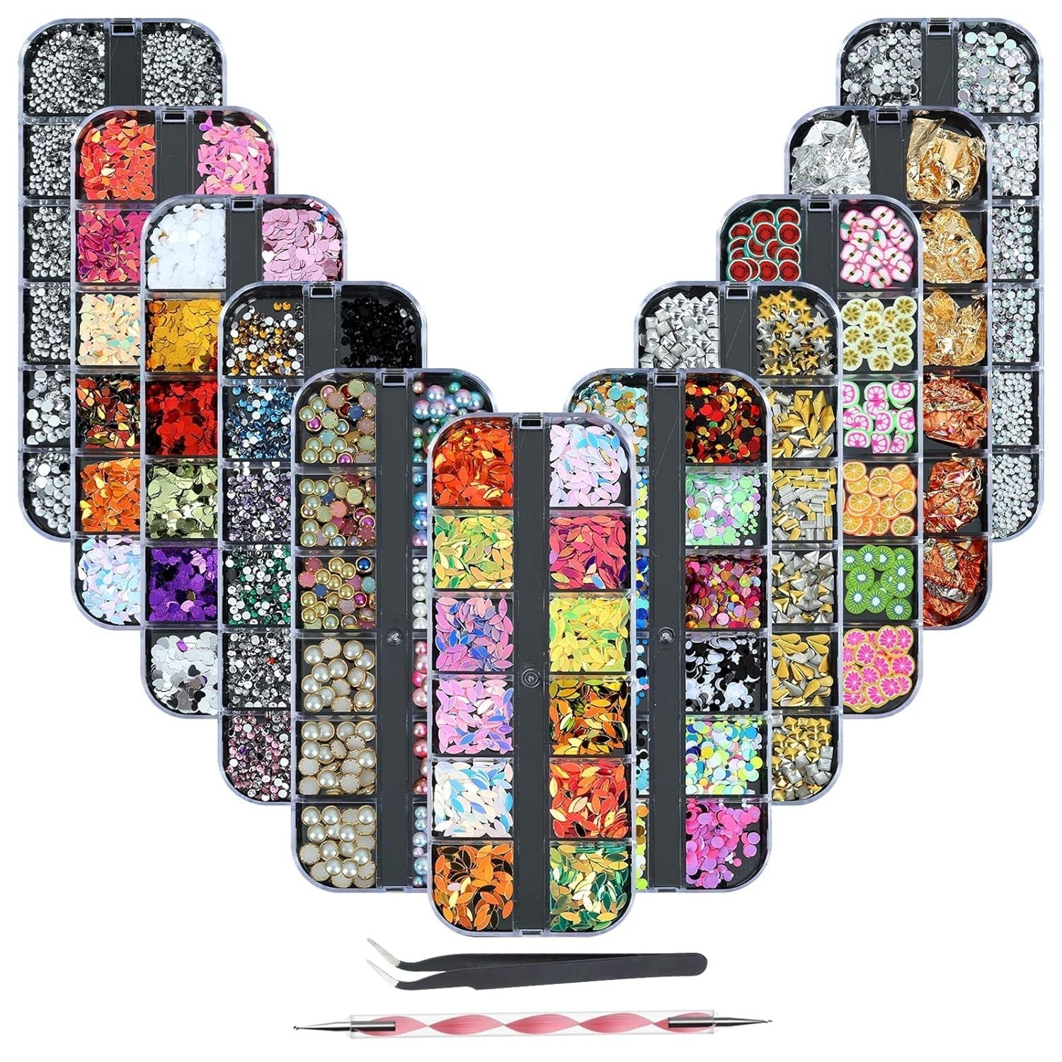 8 Boxen Nail Art Strass Kit - Nail Art Gemischt Strass Set, Nagel Kunst Strasssteine ​​​​Gems Perlen Edelsteine ​​​​Bunt Pferdeaugen Strass Für Nageldesign Zubehör Mit 1 Pinzetten Und 1 Strass Picker Für DIY