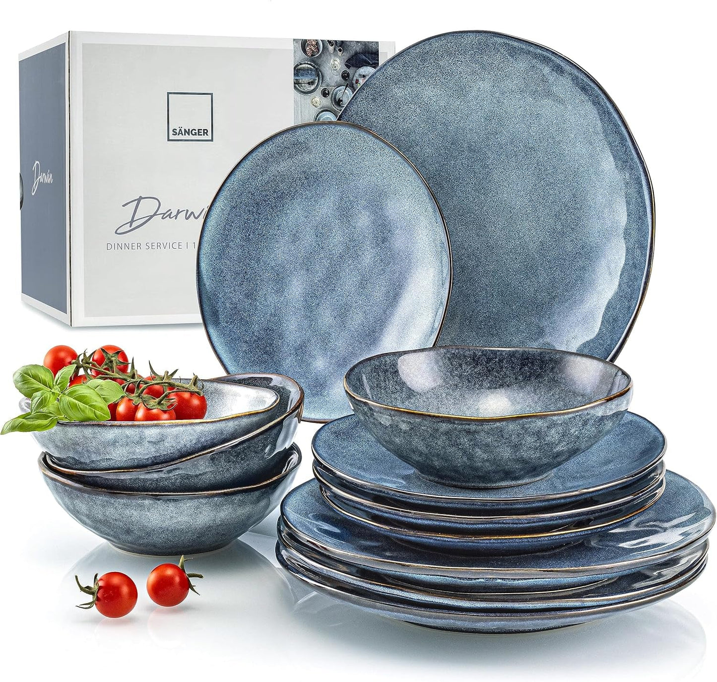 SANGER | Darwin 12-teiliges Geschirrset, Steinzeug-Geschirrset für 4 Personen, blaues Geschirrset mit Speisetellern, Desserttellern und Suppentellern, handgefertigtes Geschirrset | DIE PREMIUM-KOLLEKTION