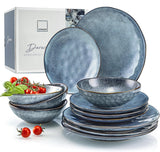 SANGER | Darwin 12-teiliges Geschirrset, Steinzeug-Geschirrset für 4 Personen, blaues Geschirrset mit Speisetellern, Desserttellern und Suppentellern, handgefertigtes Geschirrset | DIE PREMIUM-KOLLEKTION