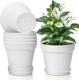 T4U 16 cm Kunststoff-Blumentopf mit Untersetzer, Set mit 6 Kunststoff-Kräutertöpfen mit mehreren Drainagelöchern, runder Topf für Sukkulenten im Innen- und Balkonbereich, Kakteen, weiß