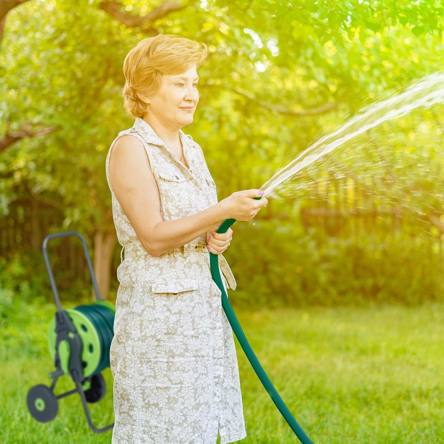 Relaxdays Schlauchwagen 45m 1/2" Wasserschlauchtrommel Garten 82,5 x 43 x 34cm grau-grün