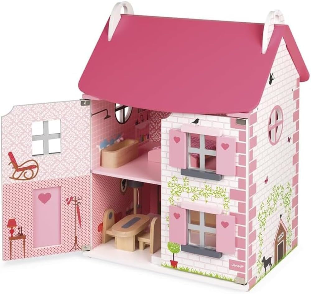Janod Mademoiselle 3-stöckiges Puppenhaus aus Holz mit 11 Zubehörteilen, Spielzeugnachbildung, fördert die Fantasie, ab 3 Jahren, J06581