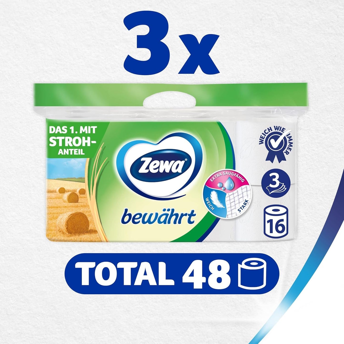 Zewa Proven – 48 Rollen – Das erste Toilettenpapier mit Strohanteil – 3 Schichten