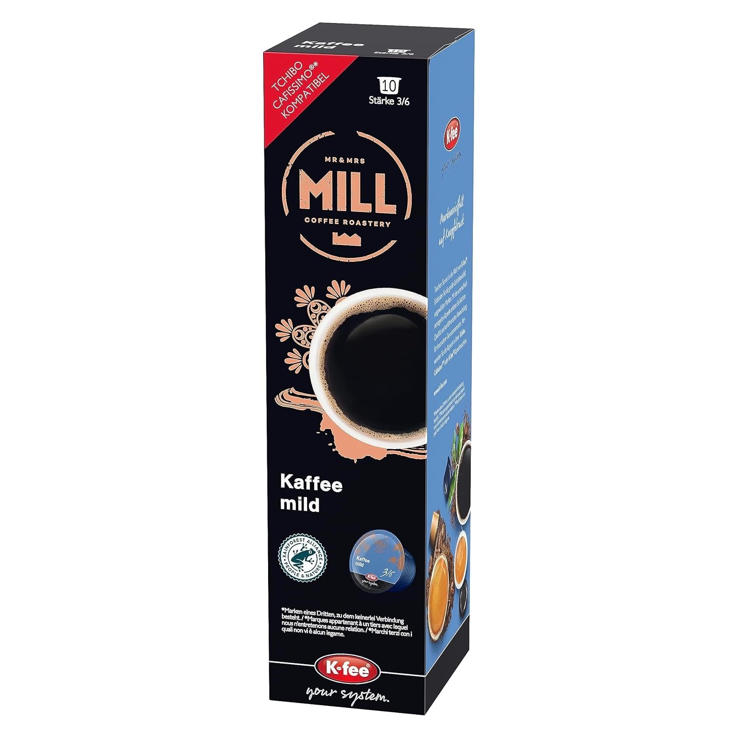 Mr & Mrs Mill Kaffee milder Filterkaffee, kompatibel mit K-fee & Tchibo Cafissimo*, Stärke 3/6, 120 Kaffeekapseln
