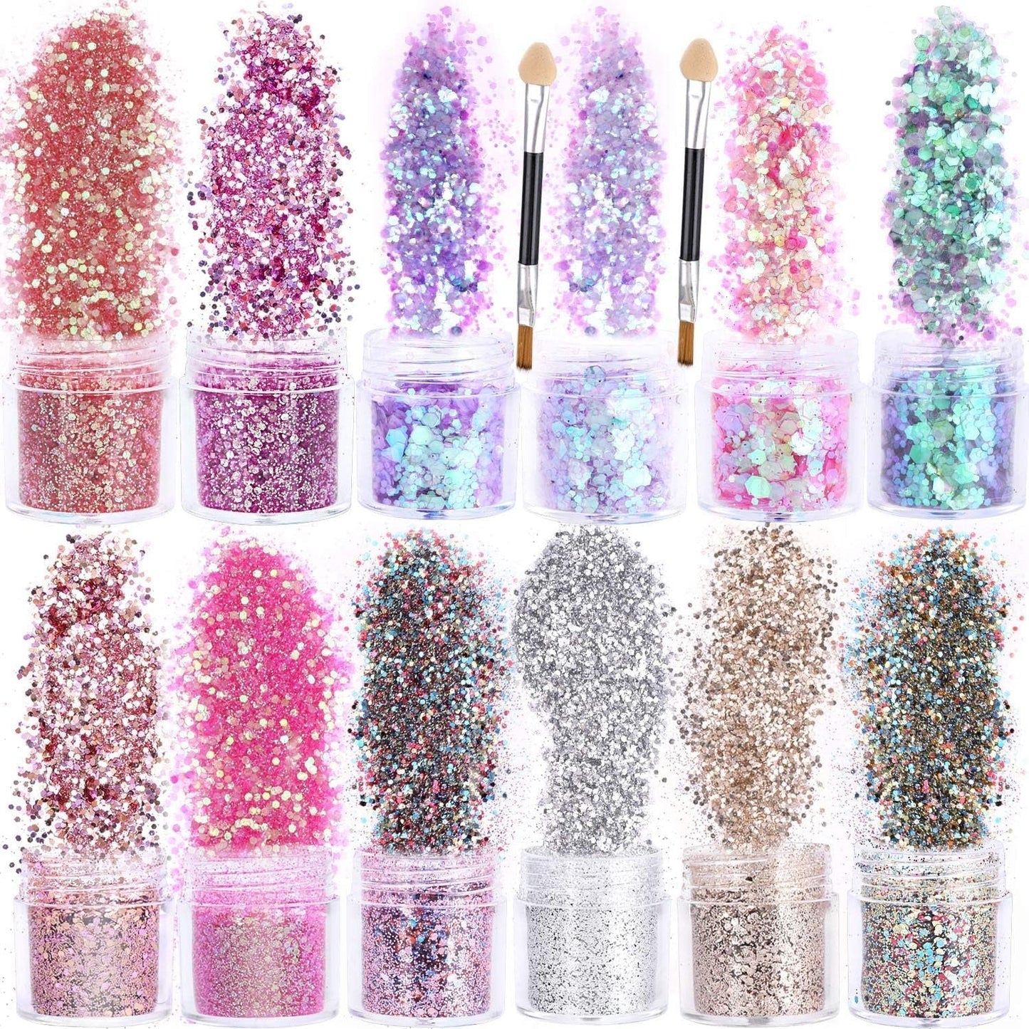 HOWAF 12 Boxen Nagelglitzer, Gesicht, Körper, Pinsel, Glitzer, Make-up, Nagelglitzer, Augen, Lippen, Haare, Körper, Dekoration, Halloween, Weihnachten, Festival, Maskerade, Make-up-Zubehör