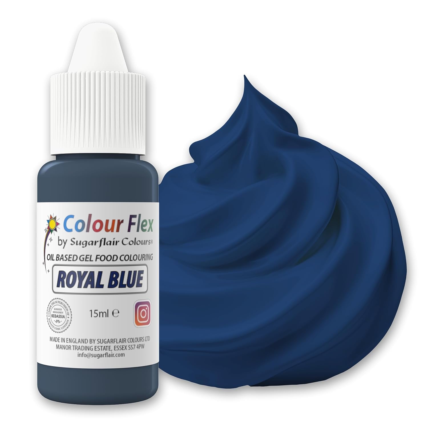 Sugarflair Colourflex Lebensmittelfarbe auf Ölbasis, Königsblau, hochkonzentrierte flüssige Lebensmittelfarbe, Lebensmittelfarbe für Buttercreme, Schokolade, Teig, Fondant, Zuckerguss und mehr – 15 ml