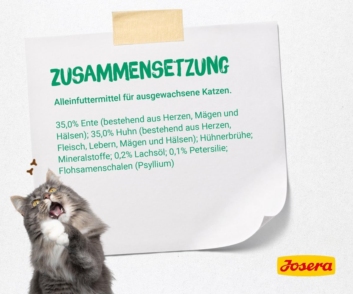 JOSERA Enten- und Hühnerpastete mit Petersilie (16 x 85 g) | Erwachsener | Premium-Nassfutter für ausgewachsene Katzen | Enten- und Hühnerpastete | Lachsöl | Keine Körner | Nasses Katzenfutter in frischen Beuteln | 16 Stück