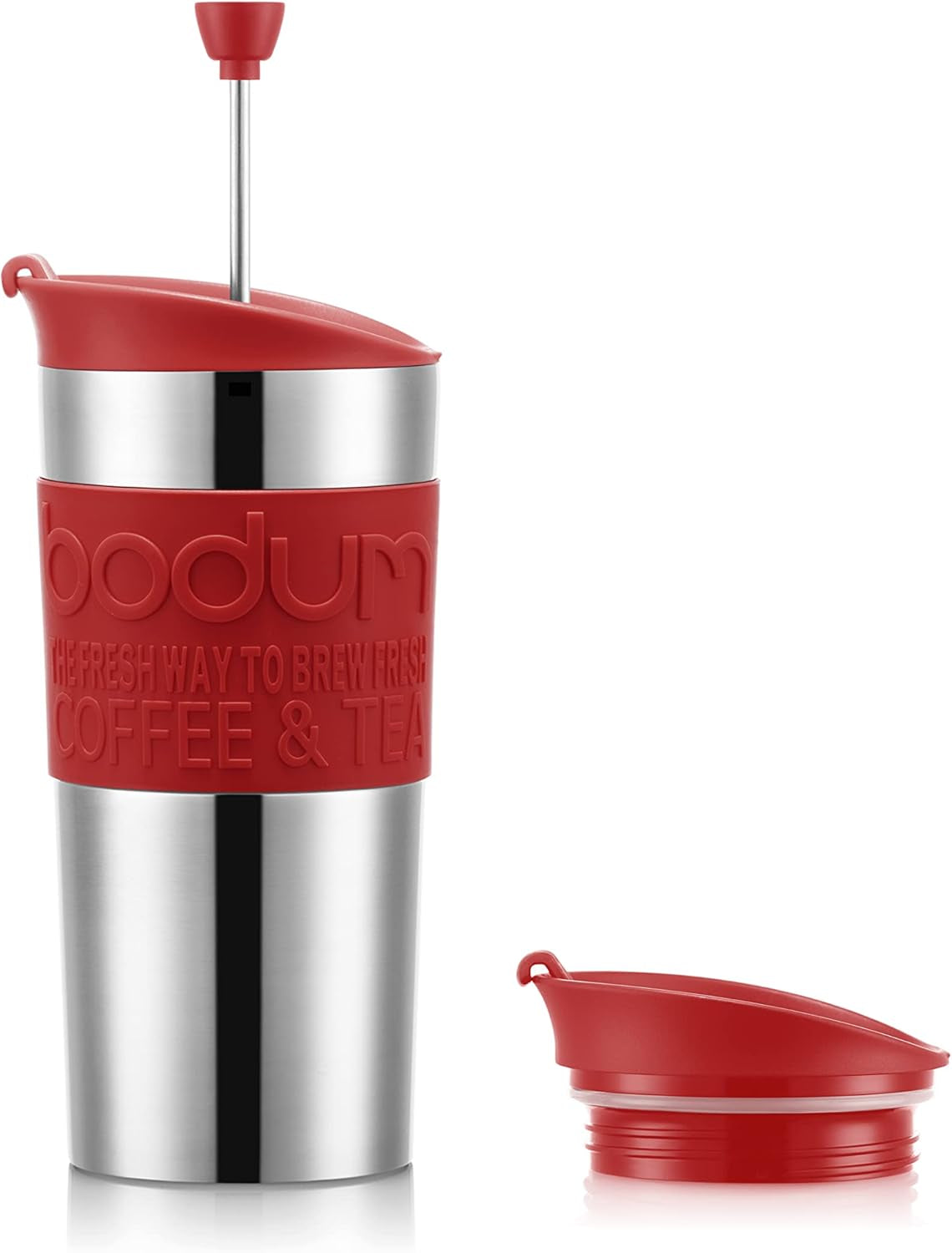 Thermobecher Bodum K11067-04 REISEPRESSEN-SET, doppelwandig, Edelstahl, zusätzlicher Deckel, 0,35 l, rot