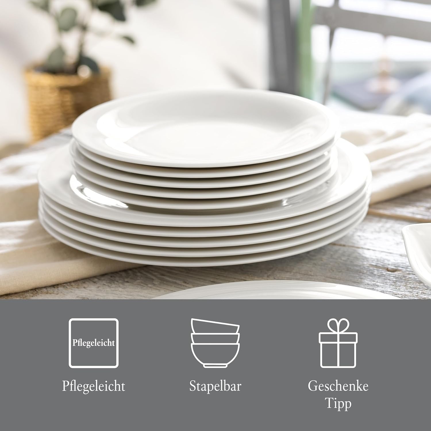 vivo - Villeroy & Boch Group – Essential White Tafelservice 18 tlg. Weiß, Spülmaschinenfest, Mikrowellensicher, Geschirr Set für 6 Personen, Müslischalen, Speiseteller, Dessertteller, Premium Porzellan