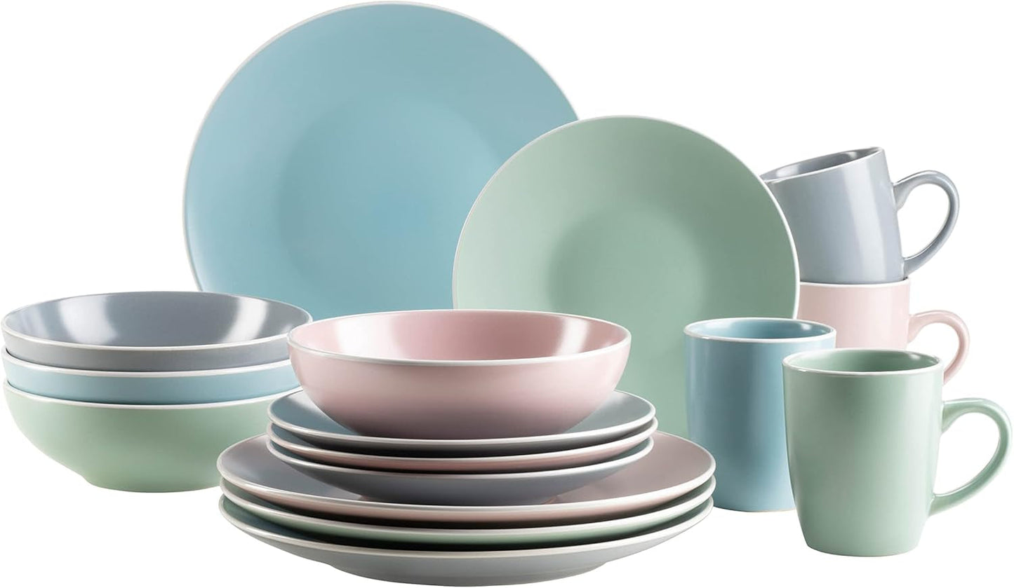 MÄSER 934006 Serie Elissa, modernes Geschirrset für 4 Personen in farbigen matten Glasuren mit weißem Rand, 16-teiliges Kombinationsset, Steinzeug, mehrfarbig, grau, türkis, rosa, grün