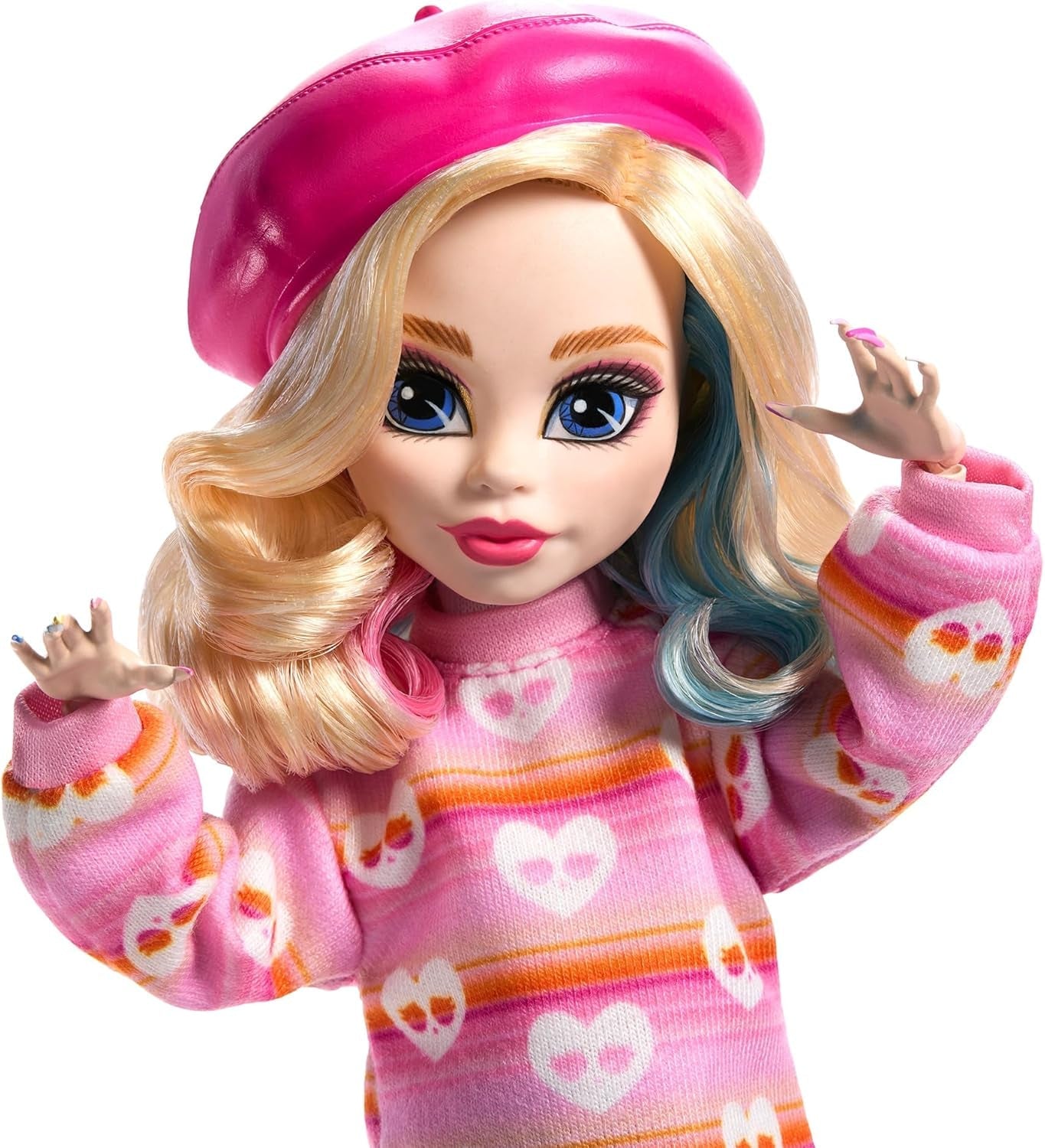 Monster High Wednesday Puppe und Zubehör, Enid Sinclair Sammelfigur in Rosa mit Baskenmütze und Rucksack, Puppenständer, HXJ05 Naty Shop Dolls
